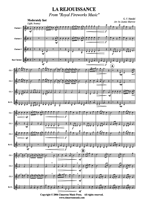 La Rejouissance (Klarinetten-Quartett) (Quintett (Klarinette)) von G. F. H auml ndel (aus Royal Fireworks)