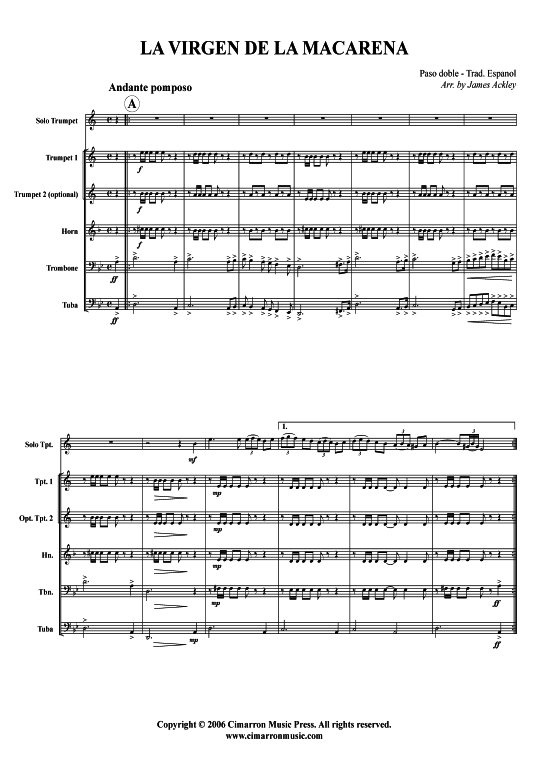 La Virgen de la Macarena (Trompete + Brass-Quintett) (Ensemble  Solo Instrument) von Traditional (2.Stimme optional)