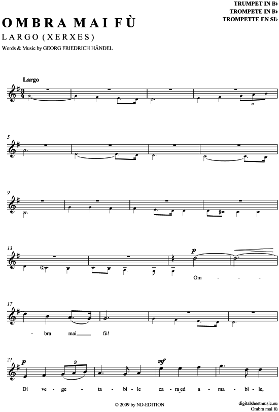 Largo - Ombrai Ma Fu (Trompete in B) (Trompete) von G. F. H ndel (aus Xerxes)  Fritz Wunderlich