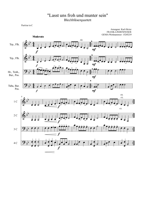 Lasst uns froh und munter sein (Blechbl auml serquartett) (Quartett (Blech Brass)) von Josef Annegarn (1794-1843)