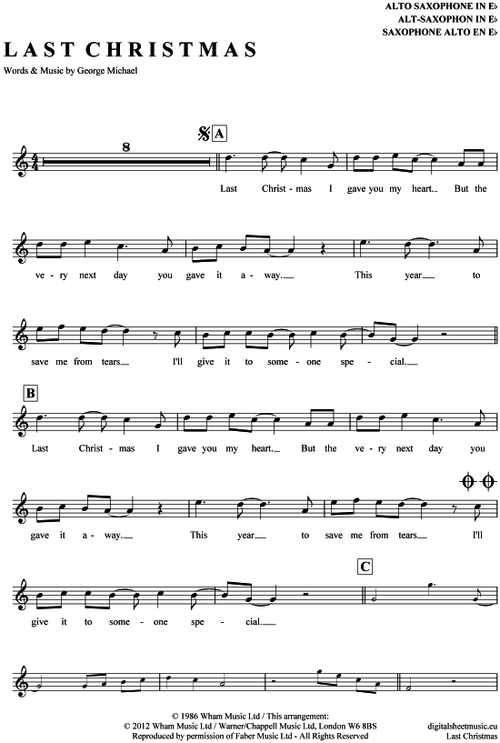 Last Christmas (Alt-Sax) (Alt Saxophon) von Wham 