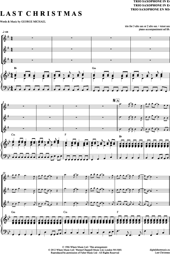 Last Christmas Saxophon Trio AAAT + Klavier PDF Noten von Wham! in G