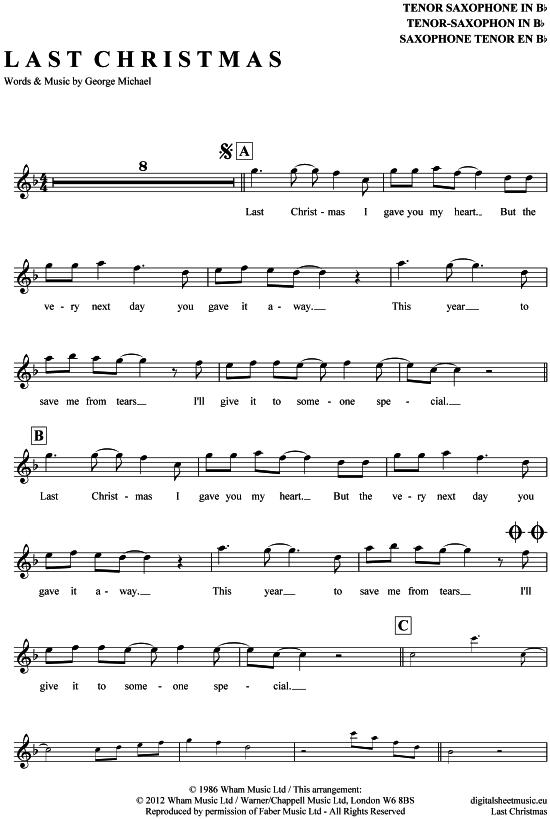 Last Christmas TenorSax PDF Noten von Wham! in F Dur 7110019