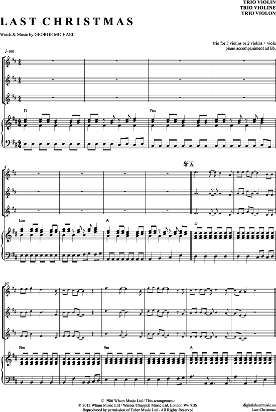 Last Christmas (Violinen Trio + Klavier) (Trio (Violine)) von Wham 