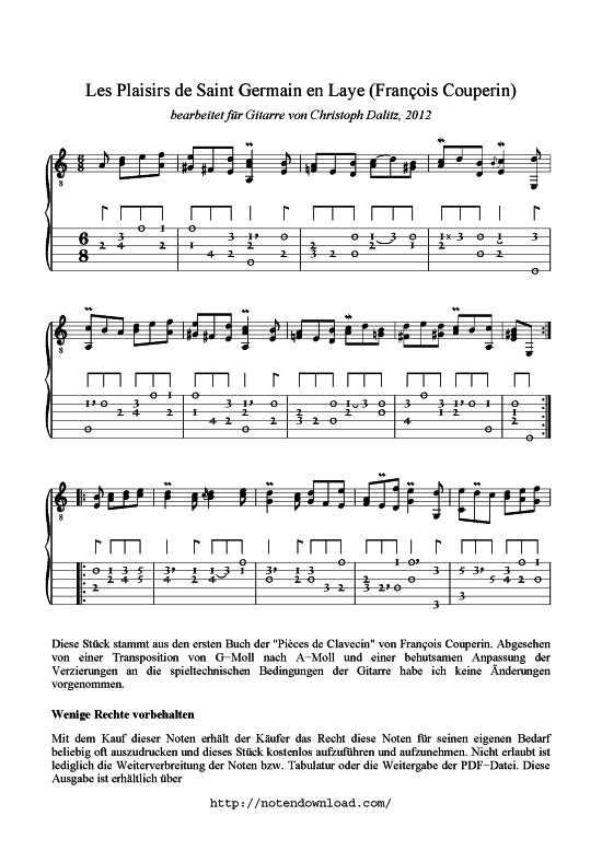 Le Plaisirs de Saint Germain en Laye (Gitarre Solo) (Gitarre) von Francois Couperin (arr. Christoph Dalitz)
