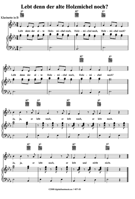 Lebt denn der alte Holzmichel noch (Klarinette + Klavier) (Klavier  Klarinette) von Volksweise aus Th ringen
