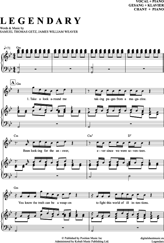 Legendary Klavier + Gesang PDF Noten von Welshly Arms in G Moll 7070550