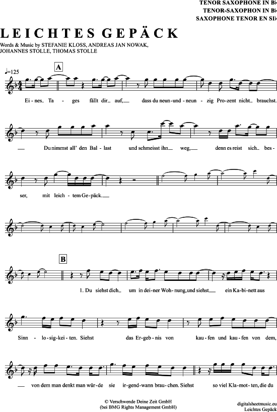 Leichtes Gep ck (Tenor-Sax) (Tenor Saxophon) von Silbermond