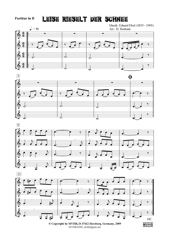 Leise rieselt der Schnee TrompetenQuartett PDF Noten von Eduard Ebel in C Dur MVHB41009 Leise rieselt der Schnee TrompetenQuartett PDF Noten von Eduard Ebel in C Dur MVHB41009