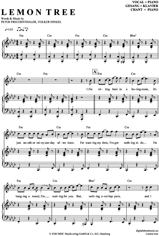 Lemon Tree Klavier + Gesang PDF Noten von Fool's Garden in 7070046 Lemon Tree Klavier + Gesang PDF Noten von Fool's Garden in 7070046