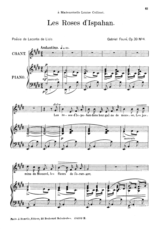 Les roses d Hispahan Op.39 No.4 (Gesang hoch + Klavier) (Klavier  Gesang hoch) von Gabriel Faur 