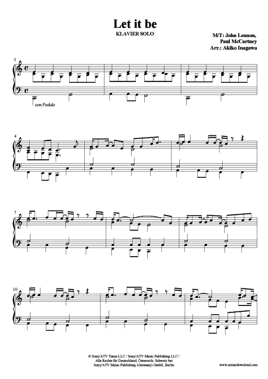 Let it be Klavier solo leicht PDF Noten von Beatles in C Dur RG60512