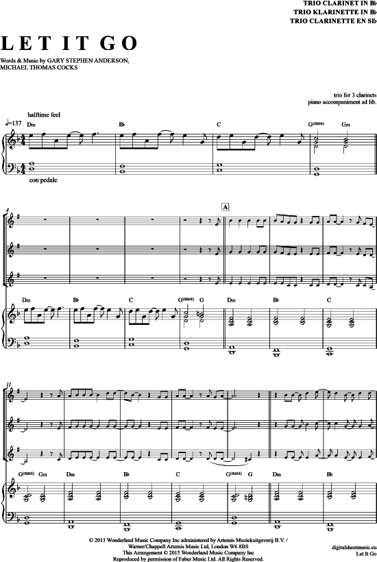 Let it go (Klarinetten Trio + Klavier) (Trio (Klarinette)) von Idina Menzel (aus Frozen)