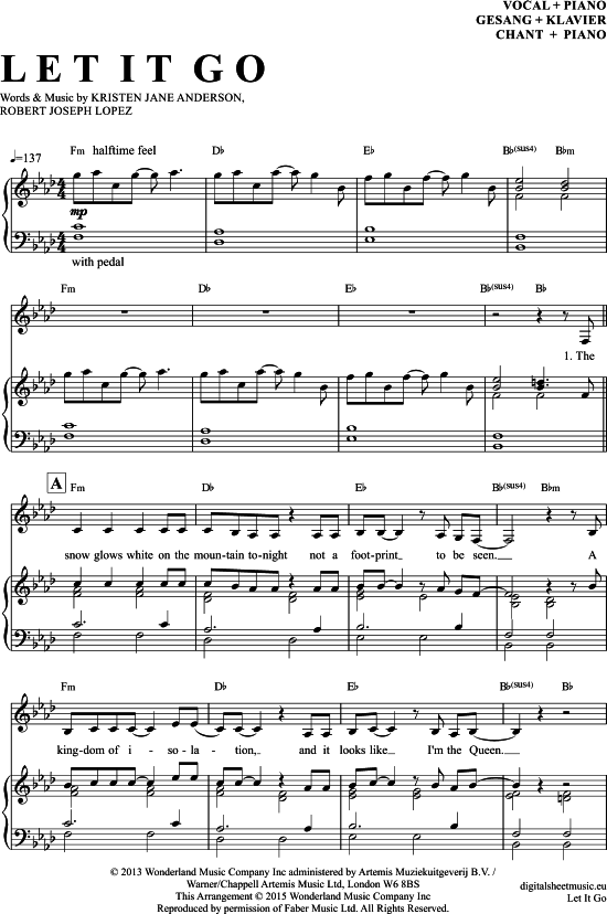 Let it go Klavier + Gesang PDF Noten von Idina Menzel aus Frozen in F Moll 7070412