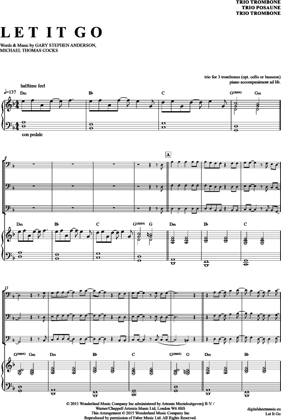 Let it go Posaunen Trio + Klavier PDF Noten von Idina Menzel aus Frozen in D Moll 67030012