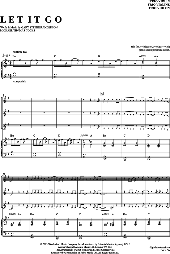 Let it go (Violinen Trio + Klavier) (Trio (Violine)) von Idina Menzel (aus Frozen)