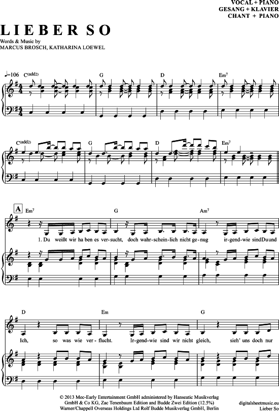 Lieber So (Klavier + Gesang) (Klavier Gesang  Gitarre) von Yvonne Catterfeld