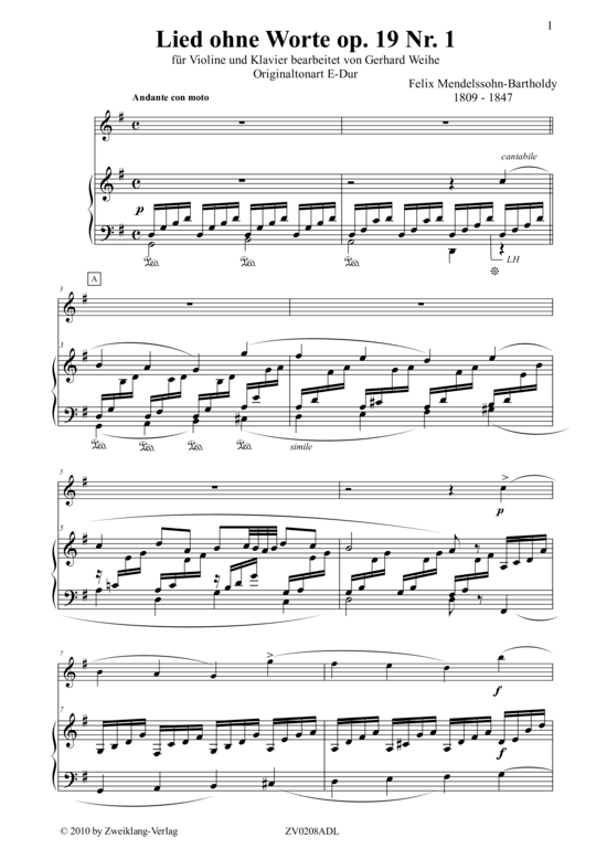 Lied ohne Worte Op.19 Nr. 1 (Violine + Klavier) (Klavier  Violine) von Felix Mendelssohn Bartholdy