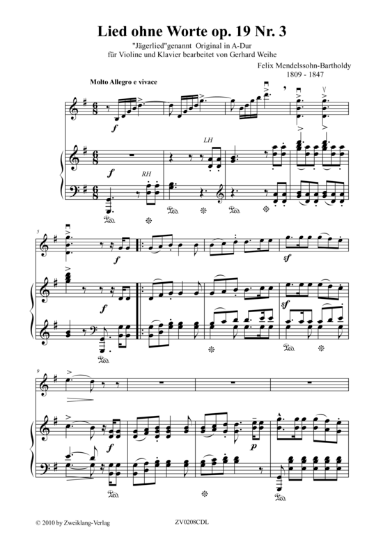 Lied ohne Worte Op.19 Nr. 3 (Violine + Klavier) (Klavier  Violine) von Felix Mendelsohn Bartholdy