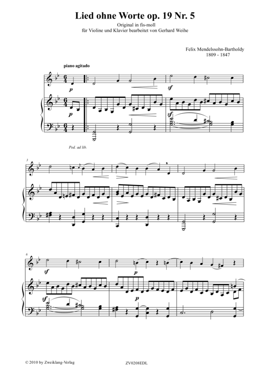 Lied ohne Worte Op.19 Nr. 5 (Violine + Klavier) (Klavier  Violine) von Felix Mendelsohn Bartholdy