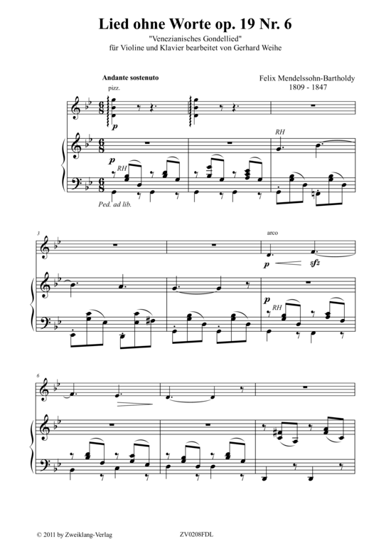 Lied ohne Worte Op.19 Nr. 6 (Violine + Klavier) (Klavier  Violine) von Felix Mendelsohn Bartholdy