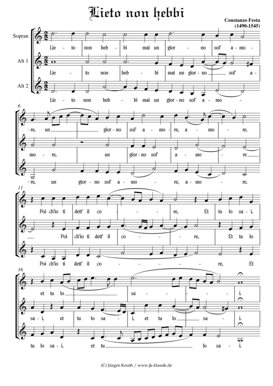 Lieto non hebbi (Frauenchor SAA) (Frauenchor) von Constanzo Festa (1485-1545)