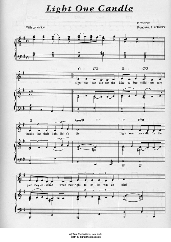 Light One Candle Klavier + Gesang - PDF Noten von P. Yarrow in G Dur ...