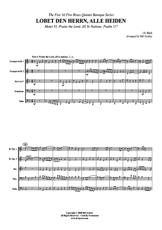 Lobet den Herrn alle Heiden (Blechbl serquintett) (Quintett (Blech Brass)) von J. S. Bach (BWV 230 Motette)