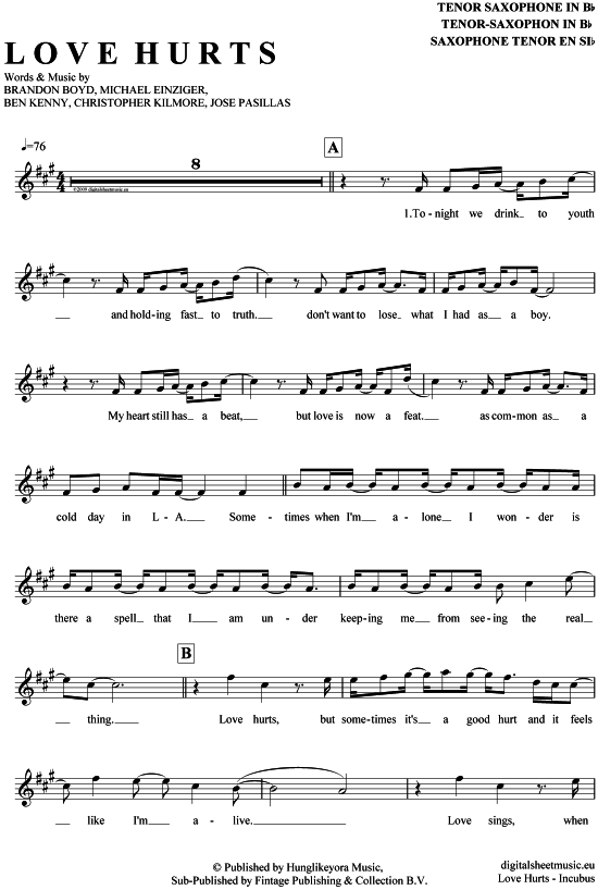 Love Hurts (Tenor-Sax) (Tenor Saxophon) von Incubus