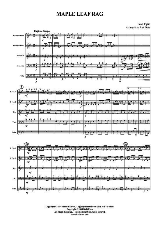 Maple Leaf Rag (Blechbl serquintett) (Quintett (Blech Brass)) von Scott Joplin (arr. Gale)