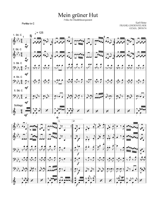 Mein Gr ner Hut (Blechbl ser Quintett - Flexible Besetzung + Schlagzeug) (Quintett (Blech Brass)) von Karl-Heinz Frank-Lindenfelser