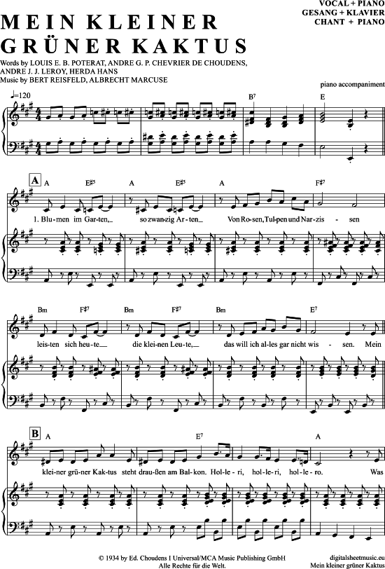 Comedian Harmonists Mein Kleiner Grüner Kaktus Text Mein Kleiner Grüner Kaktus Klavier Begleitung + Gesang - PDF Noten von