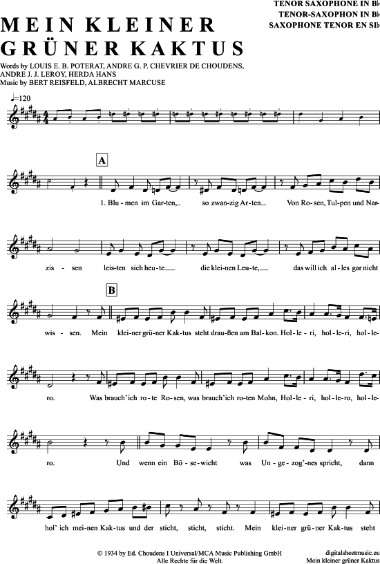 Mein Kleiner Gr ner Kaktus (Tenor-Sax) (Tenor Saxophon) von Comedian Harmonists