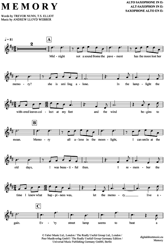 Memory (Alt-Sax) (Alt Saxophon) von Cats (Musical)