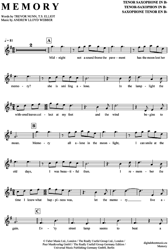 Memory (Tenor-Sax) (Tenor Saxophon) von Cats (Musical)