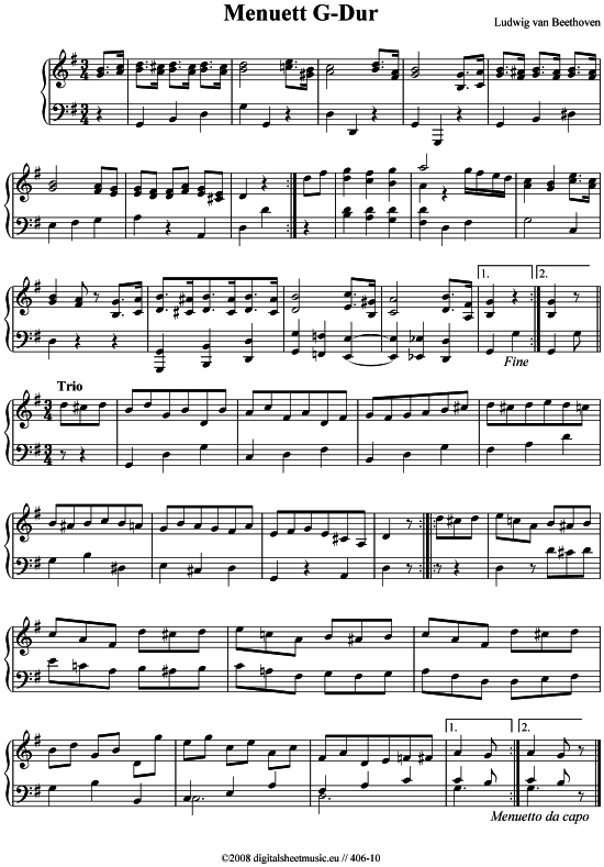 Menuett G-Dur (Klavier solo) (Klavier einfach) von Ludwig van Beethoven (Noten gleich ausdrucken - Info siehe unten)