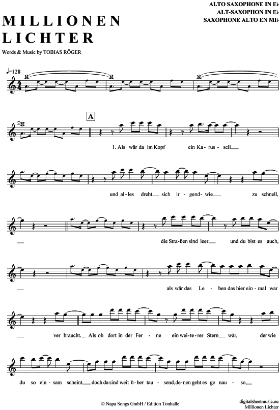 Millionen Lichter (Alt-Sax) (Alt Saxophon) von Christina St uuml rmer