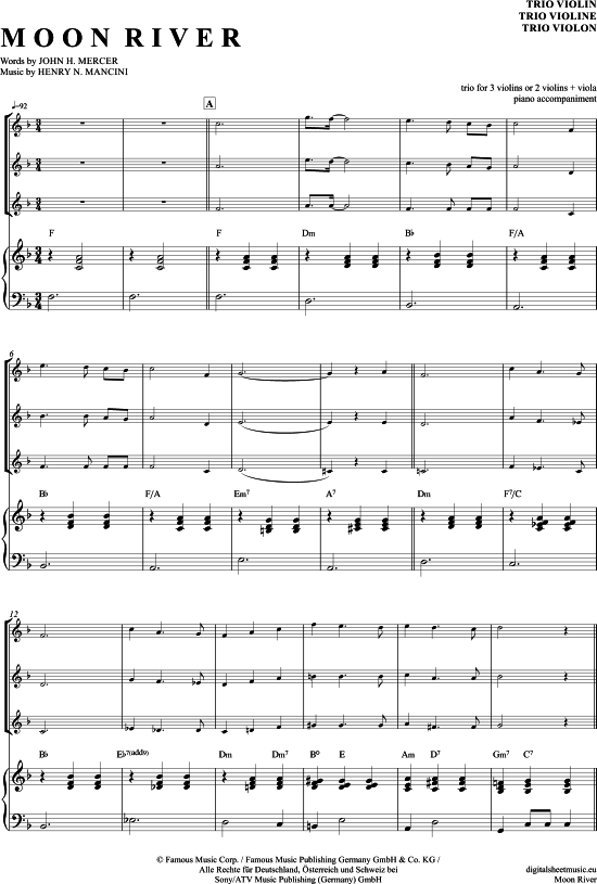 Moon River (Violinen Trio + Klavier) (Trio (Violine)) von Henry Mancini