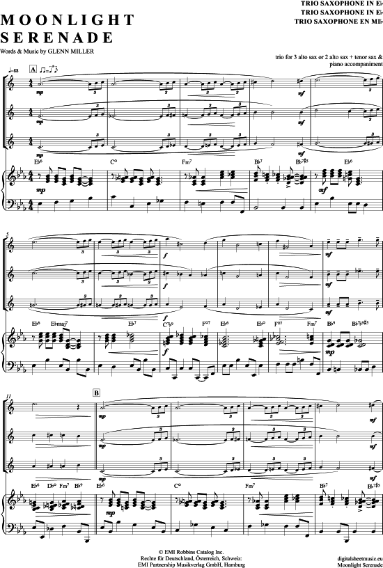 Moonlight Serenade (Saxophon Trio AAA(T) + Klavier) (Trio (Saxophon)) von Glenn Miller and his Orchestra