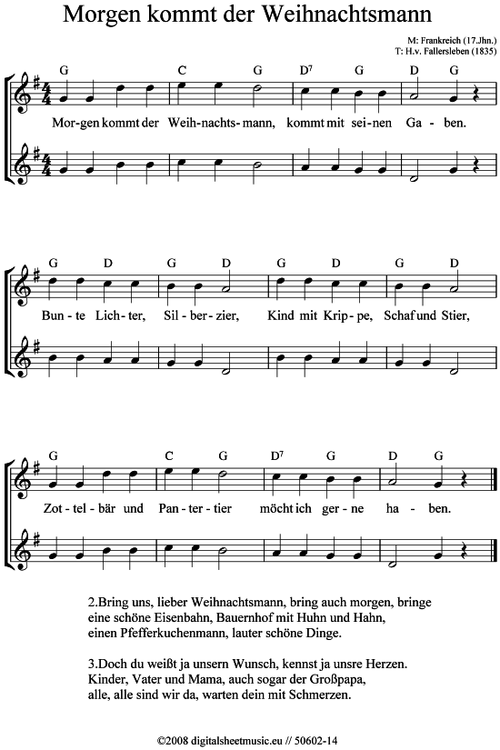 Morgen kommt der Weihnachtsmann (2x Blockfl te) (Duett (Fl te)) von Weihnachtslied (sehr einfach)