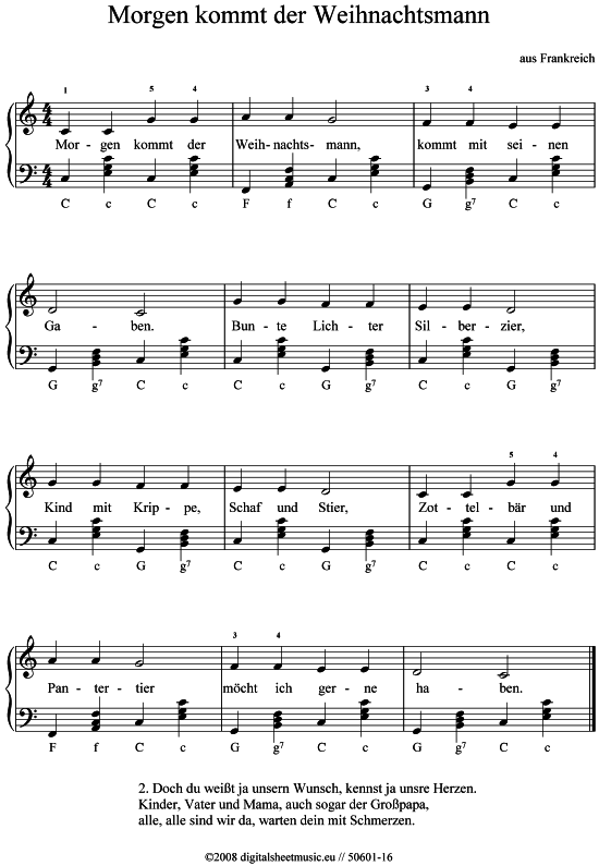 Morgen kommt der Weihnachtsmann - PDF Noten von Weihnachtslied in