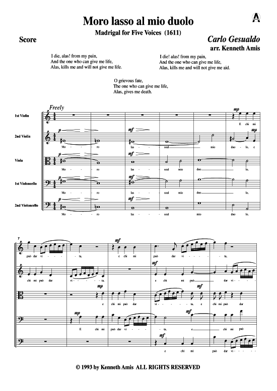 Moro lasso al mio duolo (Streichquintett) (Quintett (Streicher)) von Carlo Gesualdo (Madrigale 1611)