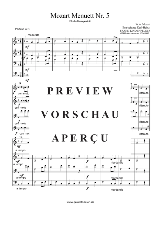Mozart Menuett Nr. 5 (Blechbl ser Quartett - Flexible Besetzung) (Quartett (Blech Brass)) von Wolfgang Amadeus Mozart