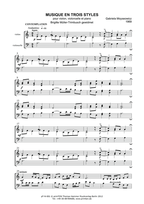 Musique en trois styles pour violon violoncelle et piano (1969) (Trio f r Violine Violoncello + Klavier) (Trio (Klavier  2 St.)) von Gabriela Moyseowicz