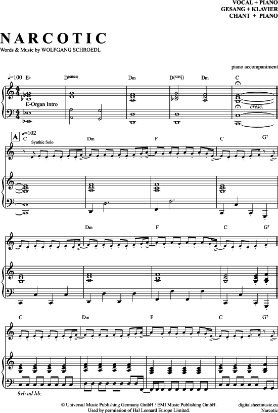 Narcotic Klavier Begleitung + Gesang - PDF Noten Von Liquido In C.