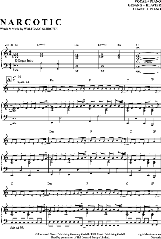 Narcotic Klavier + Gesang - PDF Noten Von Liquido In C Dur - 7070745