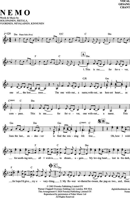 Nemo Gesang PDF Noten von Nightwish in D Moll 7040573