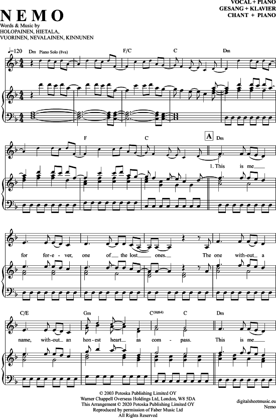 Nemo Klavier + Gesang PDF Noten von Nightwish in D Moll 7070837