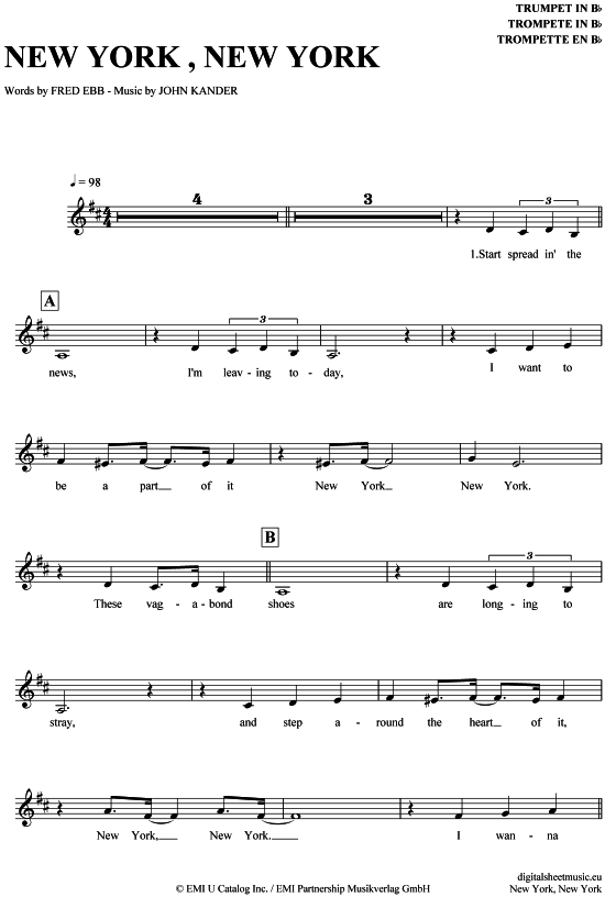 New York, New York Trompete in B PDF Noten von Frank Sinatra in D Dur
