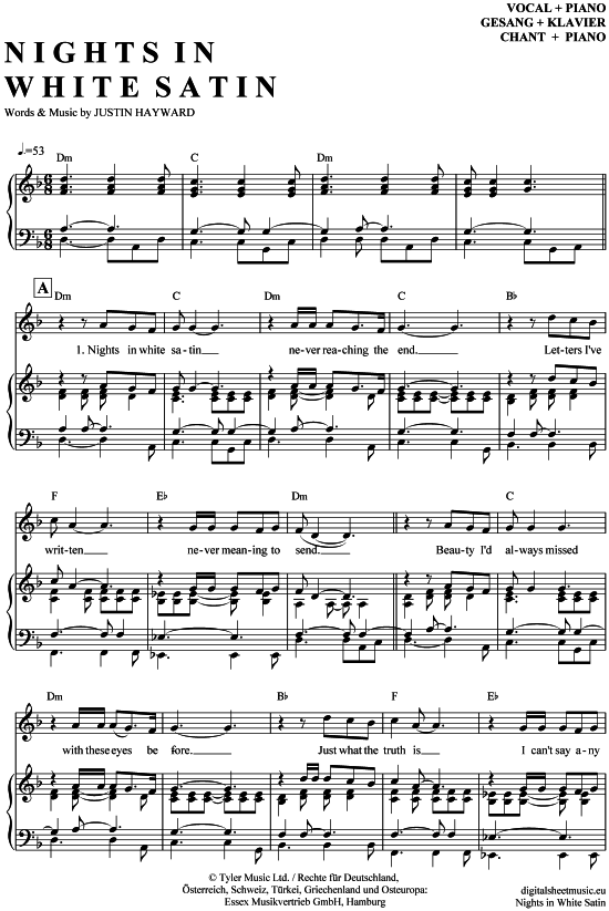 Nights in white satin (Klavier + Gesang) (Klavier Gesang  Gitarre) von The Moody Blues